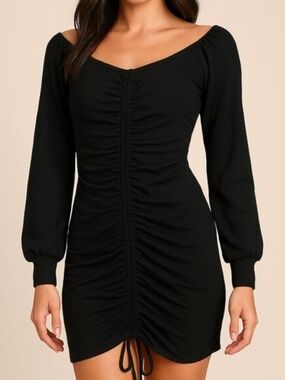 Lulus Black Ruched Bodycon Mini Dress Women’s Small Long Sleeve Solid Black